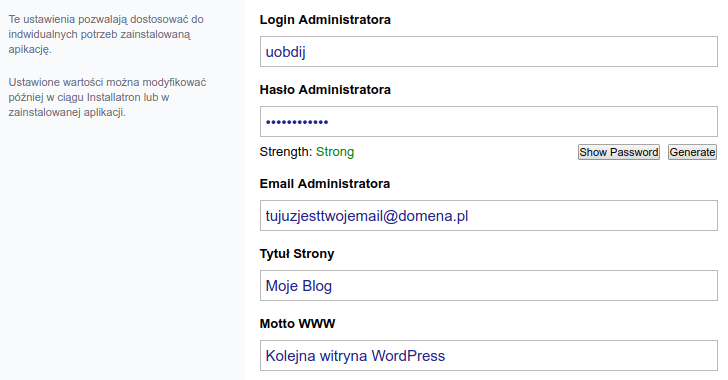 Jak założyć bloga WordPress DirectAdmin WordPress login i hasło administratora i inne dane